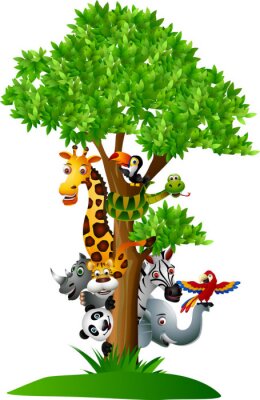 Sticker verschiedenen lustigen Comic-Safari-Tiere, sich hinter einem Baum verstecken