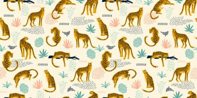 Tapete Vestor seamless pattern with leopards and tropical leaves.
