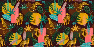 Tapete Vestor seamless pattern with leopards and tropical leaves.