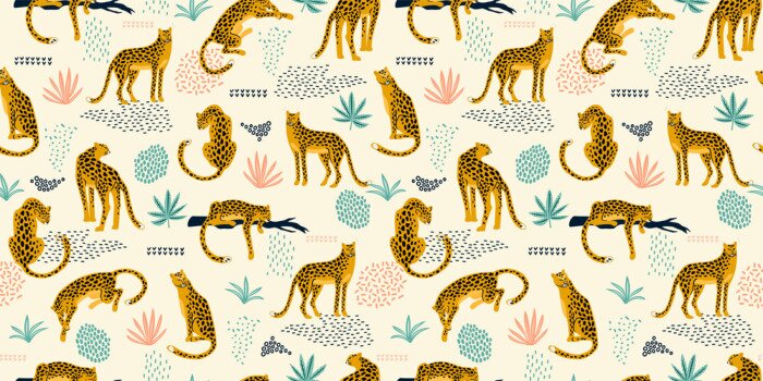 Sticker Vestor seamless pattern with leopards and tropical leaves.