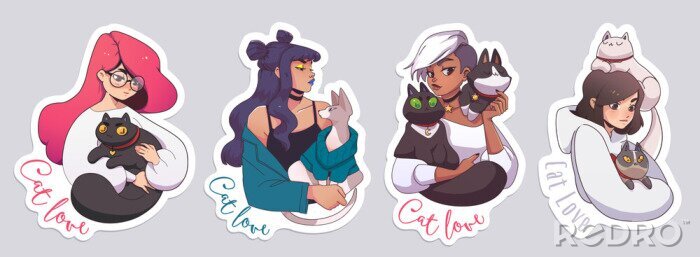 Sticker Vier weibliche Gestalten mit Katzen