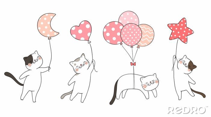 Sticker Vier weiße Katzen mit Luftballons