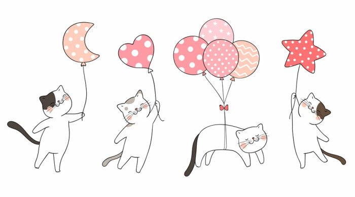 Sticker Vier weiße Katzen mit Luftballons
