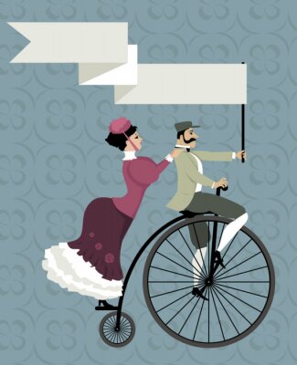 Sticker Viktorianischen Alter Paar Reiten ein Penny-Farthing-Fahrrad, mit einem leeren Banner über den Kopf, EPS 8 Vektor-Illustration, keine Transparentfolien