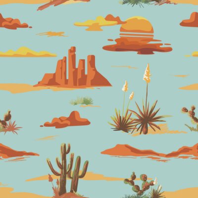 Vintage beautiful seamless desert illustration pattern. Landscape with cactus, mountains, sunset vector hand drawn style background