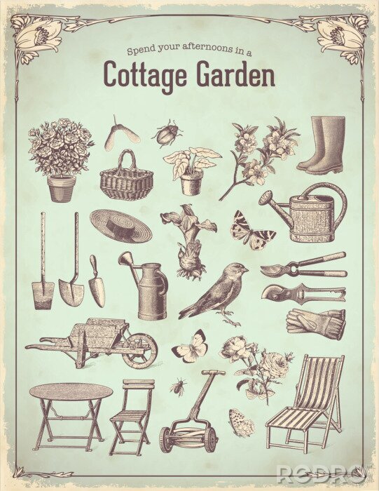 Sticker Vintage-Illustration mit Gartenwerkzeugen