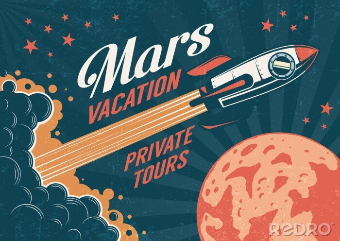 Sticker Vintage poster - rocket flies to the planet Mars. Worn texture on a separate layer.