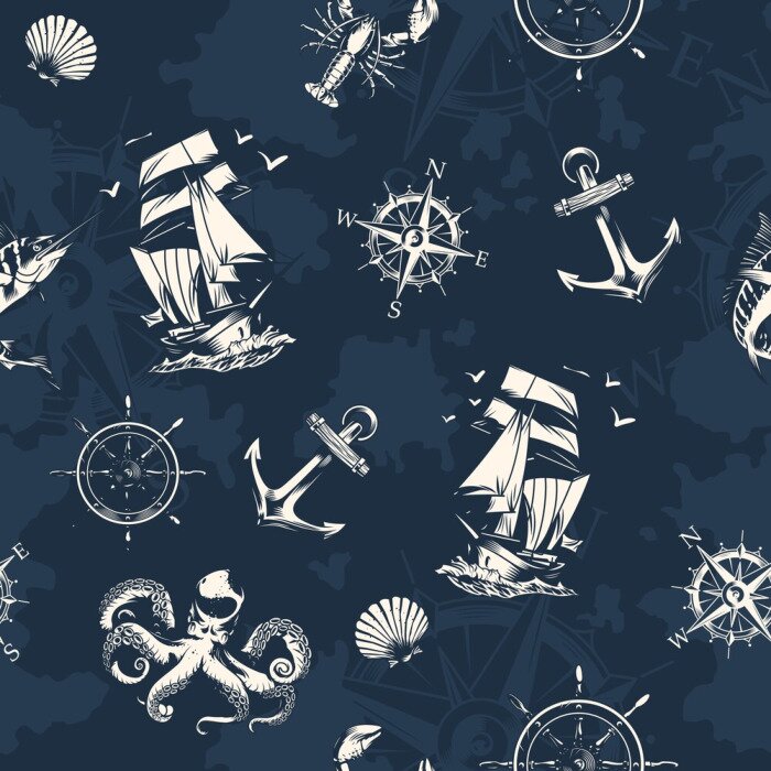 Sticker Vintage sea and nautical seamless pattern