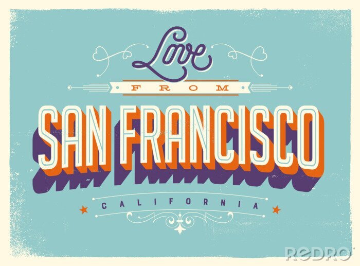 Sticker Vintage-Stil Touristische Grußkarte mit Textur-Effekte - Liebe aus San Francisco, Kalifornien - Vektor EPS10.