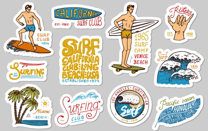 Sticker Vintage Surfer Abzeichen. Tropische Aufkleber und Kalifornien. Welle, Palme und Meer. Mann auf dem Surfbrett, Sommerstrand und Meer. Gravierte Emblem Hand gezeichnet. Banner oder Poster. Sport in Hawa
