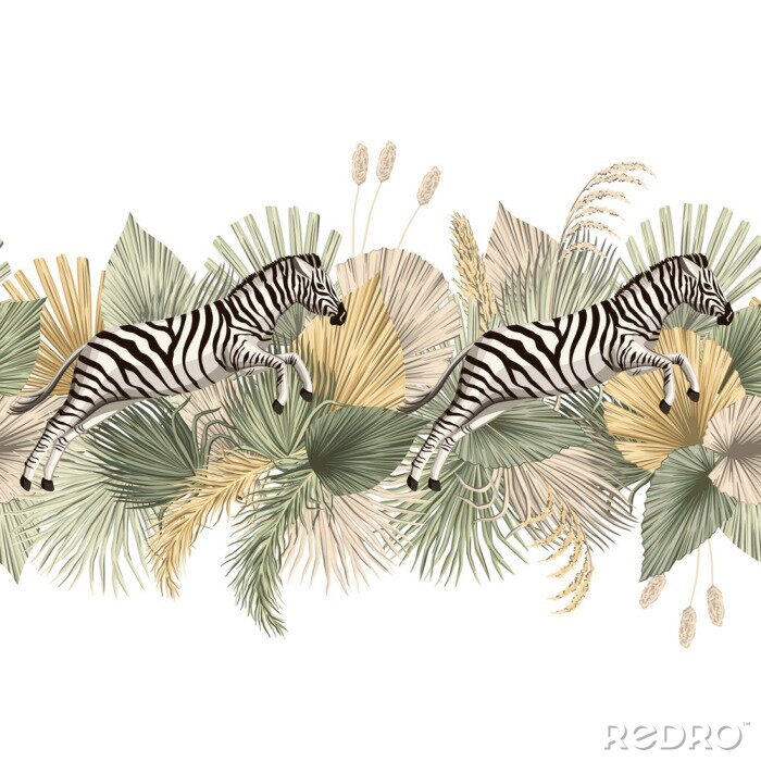 Sticker Vintage tropical palm leaves, zebra animal floral seamless border white background. Exotic safari wallpaper.