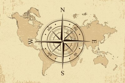 Sticker Vintage Weltkarte mit Retro-Kompass. Hintergrund alte Papier Karte und Wind stieg. Vektor-Illustration.