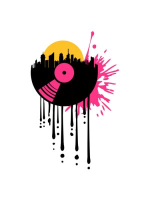 Sticker Vinyl-Schallplatte mit einem bunten Panorama der Stadt