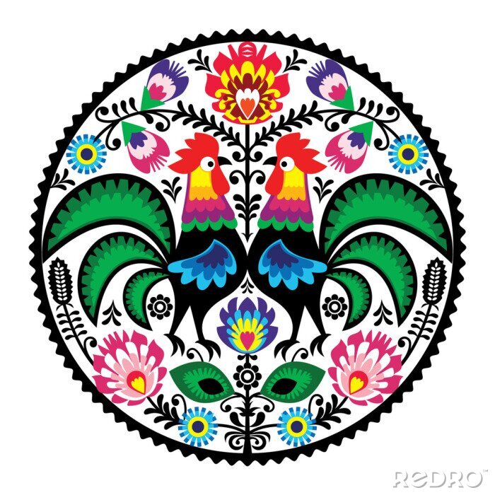 Sticker Volksmuster mit Blumen und Hähnen im Łowicz-Stil