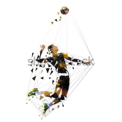 Sticker Volleyballspieler, der Ball dient, polygonale Vektorillustration