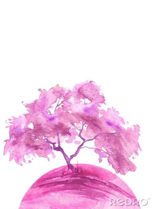 Sticker Watercolor abstract round spot, blot on white isolated background. purple, pink trees on the planet Earth. purple, pink colors. Ecological abstract art illustration. Blooming pink tree. Sakura, oak, 