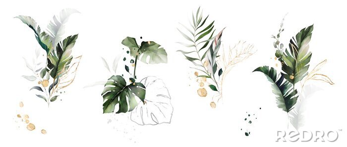 Sticker  watercolor and gold leaves. herbal illustration. Botanic tropic composition.  Exotic modern design