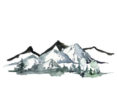 Sticker Watercolor and ink landscape of mountains and forest. Hand painted abstract winter fir and pine trees. Minimalistic illustrations isolated on white background. For design, print, fabric or background.