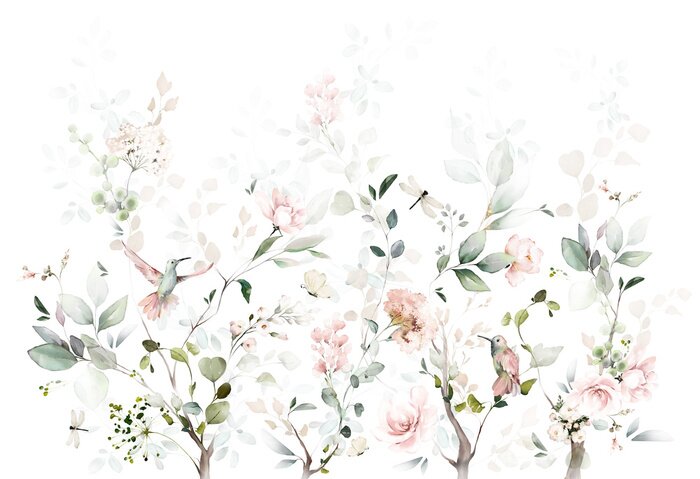 Sticker Watercolor arrangements with garden roses, birds. collection pink flowers, leaves, branches. decorative trees isolated on white background.