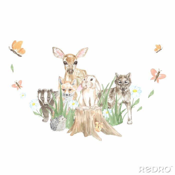 Sticker Watercolor baby frame with cute forest animals. Perfect for printing, web, design. Various souvenirs, scrapbooking and other ideas.