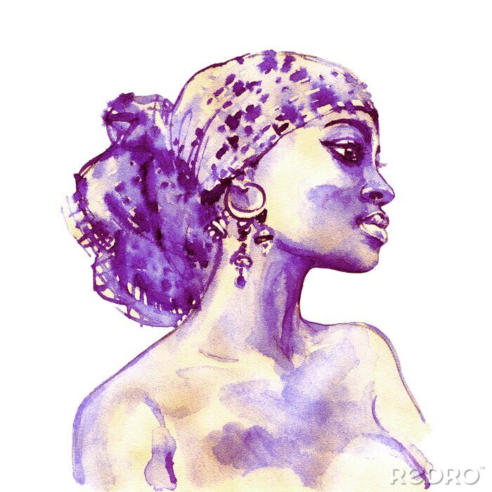 Sticker Watercolor beauty african woman. Painting fashion illustration. Hand drawn portrait of pretty girl on white background