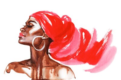 Sticker Watercolor beauty african woman. Painting fashion illustration. Hand drawn portrait of pretty girl on white background