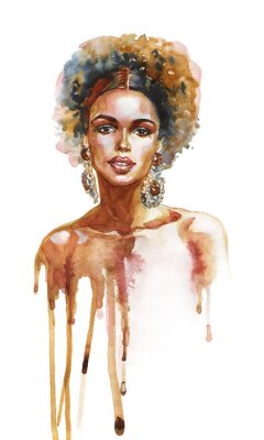 Sticker Watercolor beauty african woman. Painting fashion illustration. Hand drawn portrait of pretty girl on white background