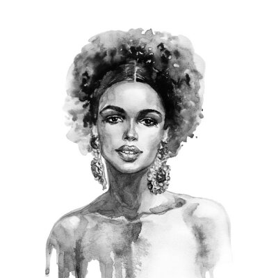 Sticker Watercolor beauty african woman. Painting fashion illustration. Hand drawn portrait of pretty girl on white background