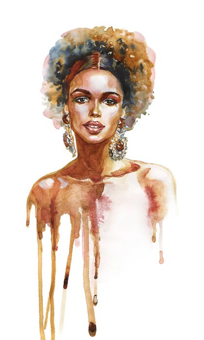 Sticker Watercolor beauty african woman. Painting fashion illustration. Hand drawn portrait of pretty girl on white background