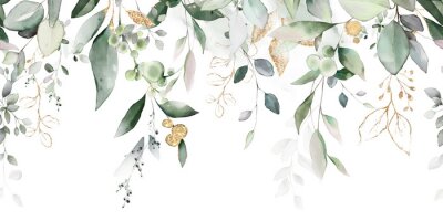Sticker Watercolor botanic, Leaf and buds. Seamless herbal composition for wedding or greeting card. Spring Border with leaves eucalyptus