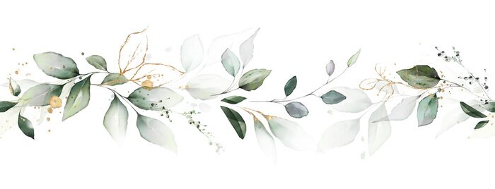 Sticker watercolor botanic, Leaf and buds. Seamless herbal composition for wedding or greeting card. Spring Border with leaves eucalyptus