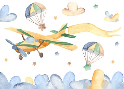 Sticker Watercolor card with cute airplane and clouds. Child illustration for baby shower, kindergarten, cards, invitations.