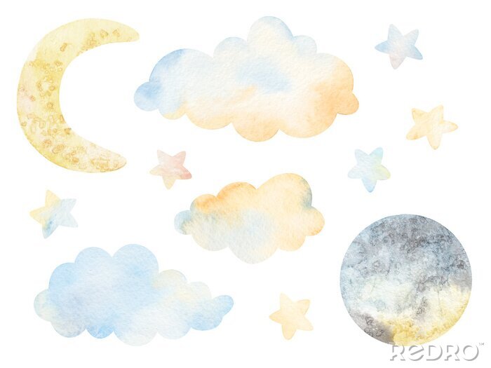 Sticker Watercolor clouds, moon, stars, decorative elements. Watercolor illustrations clip art for nursery decorations. For t-shirt print, wear fashion design, baby shower, kids cards, linens, wall stickers.
