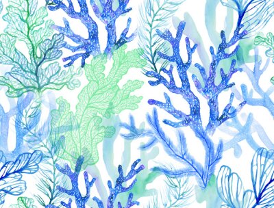 Sticker Watercolor corals. Seamless pattern with the underwater world