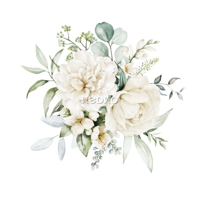 Sticker Watercolor floral illustration bouquet - white flowers, rose, peony, green and gold leaf branches collection. Wedding stationary, greetings, wallpapers, fashion, background. Eucalyptus, olive, leaves.