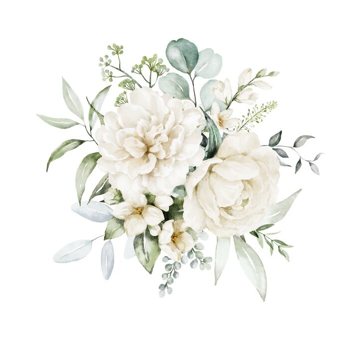 Sticker Watercolor floral illustration bouquet - white flowers, rose, peony, green and gold leaf branches collection. Wedding stationary, greetings, wallpapers, fashion, background. Eucalyptus, olive, leaves.