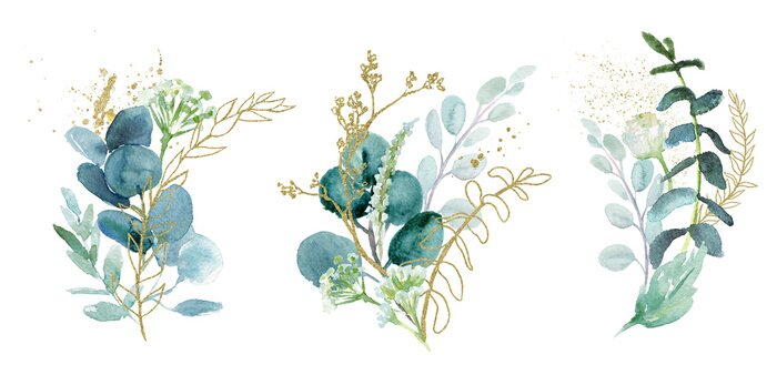 Sticker Watercolor floral illustration set - green & gold leaf branches collection, for wedding stationary, greetings, wallpapers, fashion, background. Eucalyptus, olive, green leaves, etc.