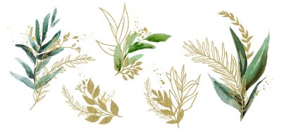 Sticker Watercolor floral illustration set - green & gold leaf branches, for wedding stationary, greetings, wallpapers, fashion, background. Eucalyptus, olive, green leaves, etc.