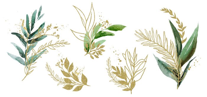 Sticker Watercolor floral illustration set - green & gold leaf branches, for wedding stationary, greetings, wallpapers, fashion, background. Eucalyptus, olive, green leaves, etc.