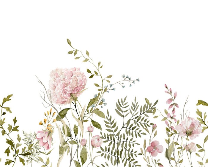 Sticker Watercolor floral seamless border. Hand painted frame of green leaves, wildflowers, field flowers, isolated on white background. Iillustration for design, print, background