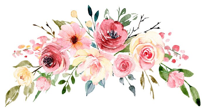 Sticker Watercolor flowers, floral bouquet for greeting card, invitation and other printing design. Isolated on white. Hand drawing.