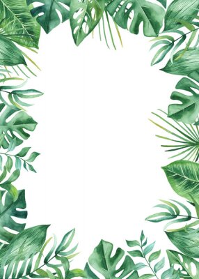 Sticker Watercolor frame with tropical leaves and flowers, watercolor stains. Golden, round, polygonal pattern for cards, invitations, wedding and summer designs.