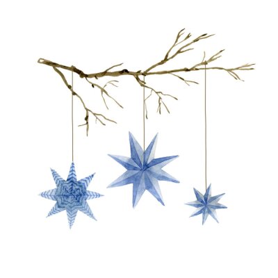 Sticker Watercolor illustration of Christmas blue stars decoration elements on the branch. Hand-drawn illustration on the white background