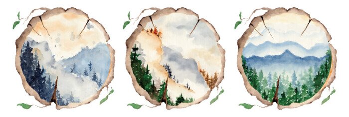 Sticker Watercolor landscape with pine and fir trees and mountains abstract nature background
