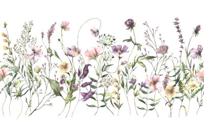 Sticker Watercolor Midsummer invitations seamless border with hand painted delicate leaves, pink flowers. Romantic floral frames perfect for wedding greeting cards, invitation. High quality illustration