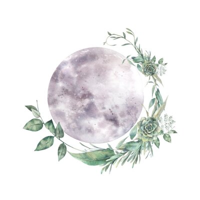 Sticker Watercolor moon and floral wreath. Natural illustration for logo, tattoo, banner, sticker. Isolated art on white background