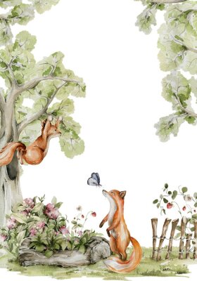 Sticker Watercolor nursery frame. Hand painted woodland border of cute baby animals in wild, forest summer landscape, tree, fox, raccoon, strawberry. illustration for baby shower design, kids print, wall art