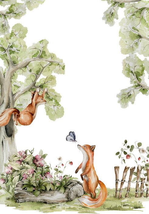 Sticker Watercolor nursery frame. Hand painted woodland border of cute baby animals in wild, forest summer landscape, tree, fox, raccoon, strawberry. illustration for baby shower design, kids print, wall art