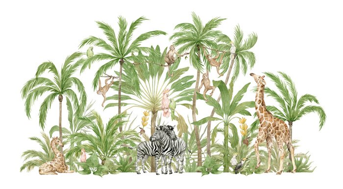Sticker Watercolor safari animals and tropical palms. Jungle compositions. Giraffe, zebra, monkey, parrot. Brigth summer exotic jungle. 