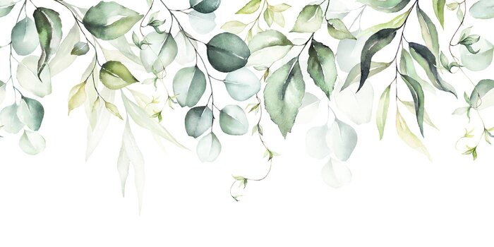 Sticker Watercolor seamless border - illustration with green leaves and branches, for wedding stationary, greetings, wallpapers, fashion, backgrounds, textures, DIY, wrappers, cards.